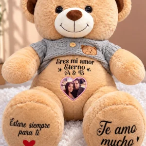 Oso color miel con suéter gris personalizado, 100 cm.