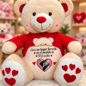 Oso crema con camiseta roja y corazones rojos, 120 cm.