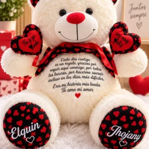 Oso crema con corazones rojos y detalles negros, 70 cm.
