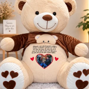 Oso crema con polo marrón y corazones en las patas, 120 cm.