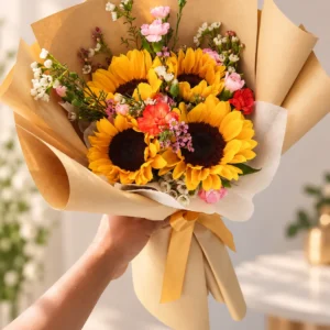Ramo de cuatro girasoles con flores rosadas y blancas.