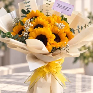 Ramo de girasoles con flores blancas y lazo amarillo.