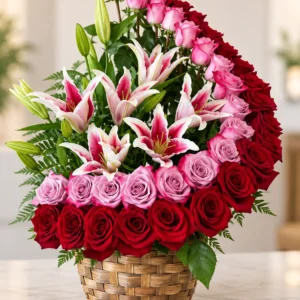 Sinfonía Real: Rosas rojas, rosadas y lilas junto a lirios rosados y follaje.