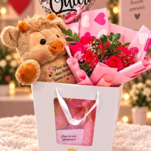 Vaquita con rosas rojas y globo corazón en bolsa Amalia.